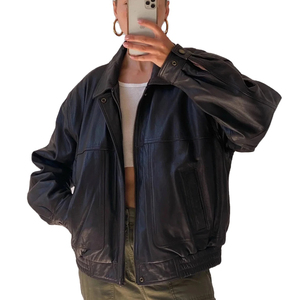 90s Vintage <b>Womens</b> Oversized 100% Genuine Leather Waterproof <b>Jacket</b> Straight Fit Retro Casual <b>Spring</b> Autumn Winter - Product Image 2