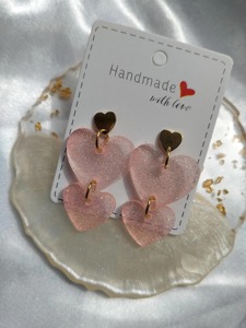 Handmade <b>Pink</b> Glitter Heart Earrings With Gold Hoop Studs Fashionable Valentine'S Day <b>Gift</b> - Product Image 3