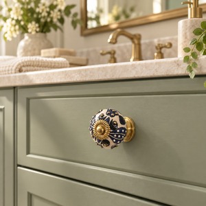 Poignée de tiroir décorative SHUBHAM en céramique, crème, bleu marine, noir, ivoire, or, motif floral, avec vis - Product Image 1