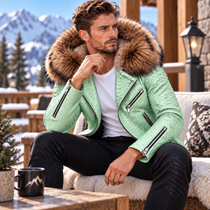 <b>Men's</b> Stylish Python Leather Jacket with Fox Fur Hood Motorcycle Biker Fashion <b>Coat</b> | Herren Lederjacke | Chaqueta Hombre Cuero - Product Image 2