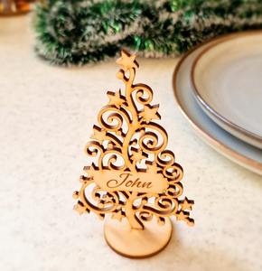 Wooden <b>Christmas</b> Tree <b>Place</b> <b>Card</b> <b>Holder</b> Engraved With Name Star Pattern Laser Cut Tabletop Decor For Holiday Season - Product Image 1