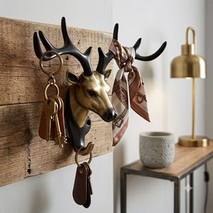 Antique Brass Rustic Deer Head Wall Shelf Heavy Duty Zinc Alloy Antler <b>Key</b> Holder Decorative Coat Towel <b>Hanger</b> Rack Washable - Product Image 2