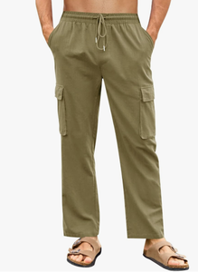 Pantalon cargo en coton vert olive pour hommes, avec cordon de serrage, taille élastique, coupe droite, léger, décontracté, respirant, pour l'été - Product Image 2