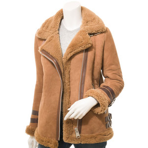Women's Shearling Motorcycle <b>Jacket</b> With Fur Trim Zipper Closure Winter Warm <b>Biker</b> Style Full Sleeve <b>Suede</b> Coat - Product Image 1