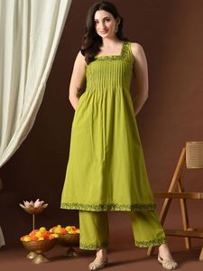 <b>Women</b> Pure Cotton Embroidered <b>Kurta</b> With Trousers Ankle-Length Loose Fit Square Neck Casual Indian Pakistani Style Summer Wear - Product Image 3