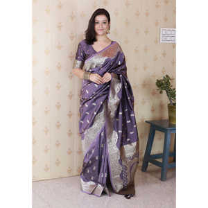 Sari en soie douce Banarasi lavande avec broderie Zari argentée, vêtements indiens et pakistanais, Elite Weaves 650g - Product Image 5
