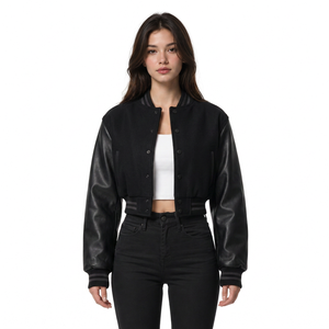 Custom womens letterman varsity jacket wool body <b>leather</b> sleeves boutique wholesale low MOQ supplier - Product Image 1