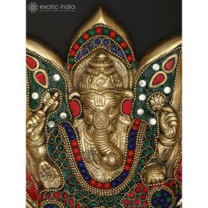 รูปปั้นทองเหลืองติดผนัง10 "bhagawan Ganesha ที่แขวนอยู่บนผนังลายดอกบัวที่สลับซับซ้อน - Product Image 1