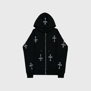 Custom Rhinestone Cross Zip Winter Digital Printing <b>Hoodie</b> Regular Fit <b>Gothic</b> Y2K Streetwear Heavyweight Cotton Fleece OEM - Product Image 1