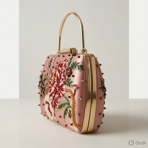 Sac de soirée élégant en soie orné de perles et de fleurs, avec poignée anneau et fermeture éclair, fait main pour les fêtes - Product Image 2