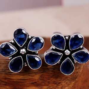 Flower Shape Blue Crystal Stud Earrings Rhodium Plated 925 Silver Classic Women's Everyday Wear Jewelry Wholesale <b>oxidized</b> - Product Image 2