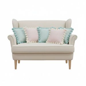 SOGA Ensemble de 5 housses de coussin côtelées bleu clair et taies d'oreiller en tissu gaufré crème avec pompons pour la décoration de la maison - Product Image 1