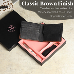 WRIZA Men's Genuine Leather <b>RFID</b> <b>Blocking</b> Short <b>Wallet</b> Pen & Keychain Gift Set | Premium Croc Texture Brown - Product Image 6