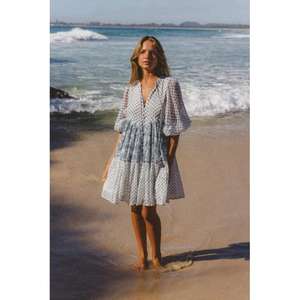 Vestido Mini Nora Color Aguamarina, Cintura Natural, Intrincadamente Tallado a Mano, Ecológico, 100% Algodón, Casual - Product Image 1