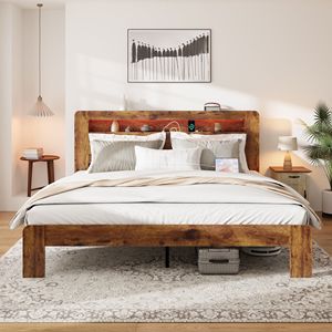 Letto Matrimoniale King Size con Struttura in Legno, Testiera Illuminata a LED e 2 Porte USB, Silenzioso, Senza Necessità di Rete a Doghe, con Vano Contenitore Integrato - Product Image 1