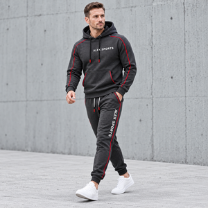 Ensemble de survêtement unisexe Alex Sports noir à capuche en polaire avec col montant, coupe régulière, couleur unie, décontracté, avec logo blanc sur le côté - Product Image 2