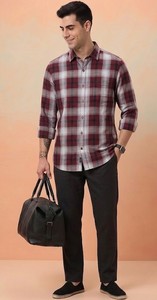 Chemise décontractée pour homme en flanelle 100% coton, à carreaux marron et blanc, double boutonnage, manches longues, col rabattu, respirante et infroissable - Product Image 1