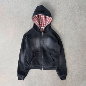 Vestes zippées à carreaux personnalisées de haute qualité, sweats à capuche gaufrés double couche pour hommes, 100 % coton, prix de gros - Product Image 4