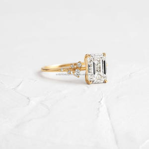 Premium <b>Emerald</b> Cut Lab Grown Diamond <b>Ring</b> with Side Stones 10K 14K 18K Solid Yellow Gold Prong Engagement Party Wedding Jewelry - Product Image 2