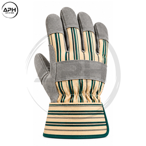 Industrial Split Cowhide Leather Rigger Gloves Green Striped Fabric Back Rubber Cuff Reinforced Palm Mechanics Working Gloves - Product Image 4