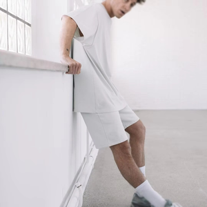 Ensemble T-shirt et short décontracté en coton blanc pour homme, col rond, manches courtes, coupe ample, couleur unie, respirant, idéal pour l'été - Product Image 5