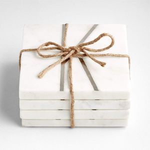 Ensemble de 4 dessous-de-verre carrés en marbre naturel blanc pur et métal blanc brillant, vaisselle de cuisine, vaisselle de salle à manger, style américain - Product Image 6