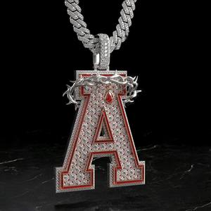 Collier unisexe en argent 925 plaqué rhodium avec pendentif lettre A en moissanite et couronne d'épines, chaîne à maillons style hip-hop - Product Image 3