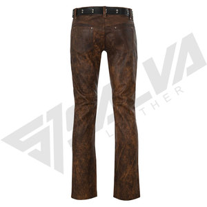 กางเกงหนังแท้ SALVA LEATHER สีน้ำตาลสำหรับผู้ชาย กันน้ำ ลายหินอ่อน สไตล์นักขี่มอเตอร์ไซค์ ทรงตรง เอวกลาง ซิปหน้า ล้างสีทราย - Product Image 3