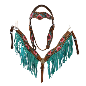 Conjunto de cabezada y pechera para caballo estilo western, de cuero vacuno con diseño floral de girasol, ligero, al mejor precio - Product Image 1