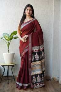 Sarees de lino con estampado único en algodón puro y blusa de lino para mujer, que dan un aspecto hermoso en bodas, fiestas y festivales. - Product Image 3