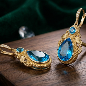 Hot Selling Blue Topaz 925 <b>Sterling</b> <b>Silver</b> Drop Earrings 18K Gold Plated 5 Inch 15g Round 8mm Pear Trendy Wholesale Product - Product Image 3