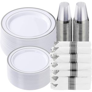 Set di Stoviglie in Plastica Argento da 350 Pezzi per 50 Ospiti, Include 50 Piatti Piani e da Dessert, Kit di Forniture per Feste Usa e Getta di Lusso - Product Image 1