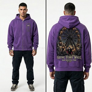 Sweat à capuche zippé violet pour homme, style gothique, avec imprimé roue de la chance au dos, streetwear, logo cercueil personnalisé, entièrement zippé, épais, délavé vintage - Product Image 1