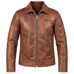 Chaqueta de Motociclista para Hombre, de Cuero Genuino Marrón, con Lona, Impermeable, Transpirable, Anti-UV, Resistente al Viento, con Cierre de Cremallera y Cuello Plegable - Product Image 1