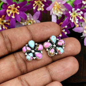Pendientes de botón vintage con racimo de gemas turquesa y algodón de azúcar, estilo bohemio occidental, hechos a mano, joyería para mujer - Product Image 2