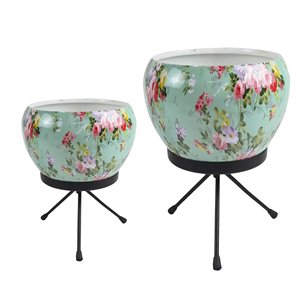 Maceta de Metal con Estampado de Rosas Frescas, con Soporte de Hierro, Forma Redonda, para Decoración Interior y Exterior, Maceta Pequeña - Product Image 2