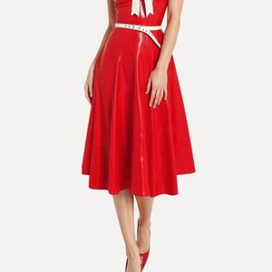 Red PU Leather Midi <b>Dress</b> With White Bow Cap Sleeve A-Line Vintage Party Wear Fitted Sweetheart Neck Solid Color - Product Image 2
