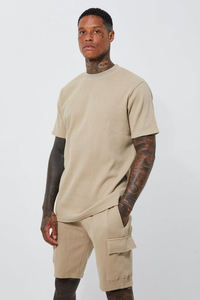 T-shirt pour homme beige texturé à col rond, manches courtes, coupe ample, couleur unie, respirant, en coton, pour l'été - Product Image 5