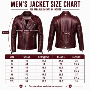 Blouson moto en cuir bordeaux pour homme avec fermeture éclair, coupe ajustée, col rabattable, style automne - Product Image 5