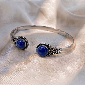 Vintage Scroll Classic Lapis Lazuli Unisex Jewelry Set <b>Adjustable</b> <b>Ring</b> with Open Cuff Bracelet Silver/Gold Plated Brass Gift - Product Image 6