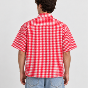 Custom <b>Men's</b> Gingham <b>Check</b> <b>Shirt</b> Red White <b>Short</b> <b>Sleeve</b> Cotton Casual Oversized Button Up Wholesale - Product Image 5