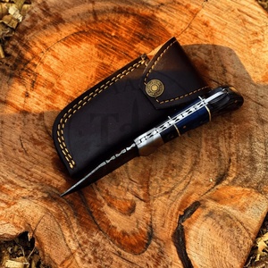 Handmade Damascus Industrial Grade Folding Knife Blue Wood Handle <b>Drop</b> Point Blade 3-Year Warranty Pocket Knife Leather Pouch - Product Image 3
