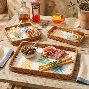 Ensemble de 3 plateaux rectangulaires en rotin pour la décoration, plateau de service en osier de style côtier, tissé à la main en rotin naturel avec incrustation de nacre - Product Image 4