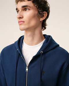 Sweat-shirt à capuche zippé bleu marine pour homme, coupe oversize, en coton French Terry, couleur unie, décontracté, pour l'été, avec poche avant et logo. - Product Image 3