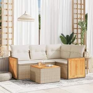 Beige Garden <b>Sofa</b> Set <b>Rattan</b> And Teak Wood Outdoor Furniture 4 Seater Contemporary Design For Garden Use - Product Image 1