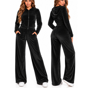 Ensemble de survêtement 2 pièces en velours noir pour femme, sweat à capuche zippé à manches longues et pantalon large, tenue décontractée - Product Image 1
