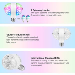 Luci da Discoteca LED RGB, 2 Lampadine Colorate Rotanti, Attrezzatura per Illuminazione da Palco per Feste, Casa, Stanza, Ballo, DJ - Product Image 2
