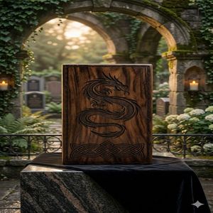 Wooden Cremation Urn Human Ashes <b>Keepsake</b> <b>Box</b> with Lid Carved Dragon Memorial Burial Container - Product Image 1
