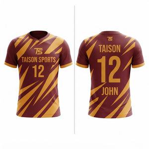 เสื้อฮอกกี้ชาย ผ้าโพลีเอสเตอร์พรีเมียม 240 GSM แห้งเร็ว สีแดงเลือดหมู-ทอง  แผ่นพิมพ์ลายด้วยความร้อน  ชื่อสั่งทำได้  แบบสั้น - Product Image 1