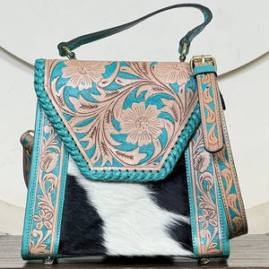 Sac à main en cuir de vachette véritable de qualité supérieure, style western, motif floral turquoise, sac bandoulière pour femme, super sac messager de septembre - Product Image 2